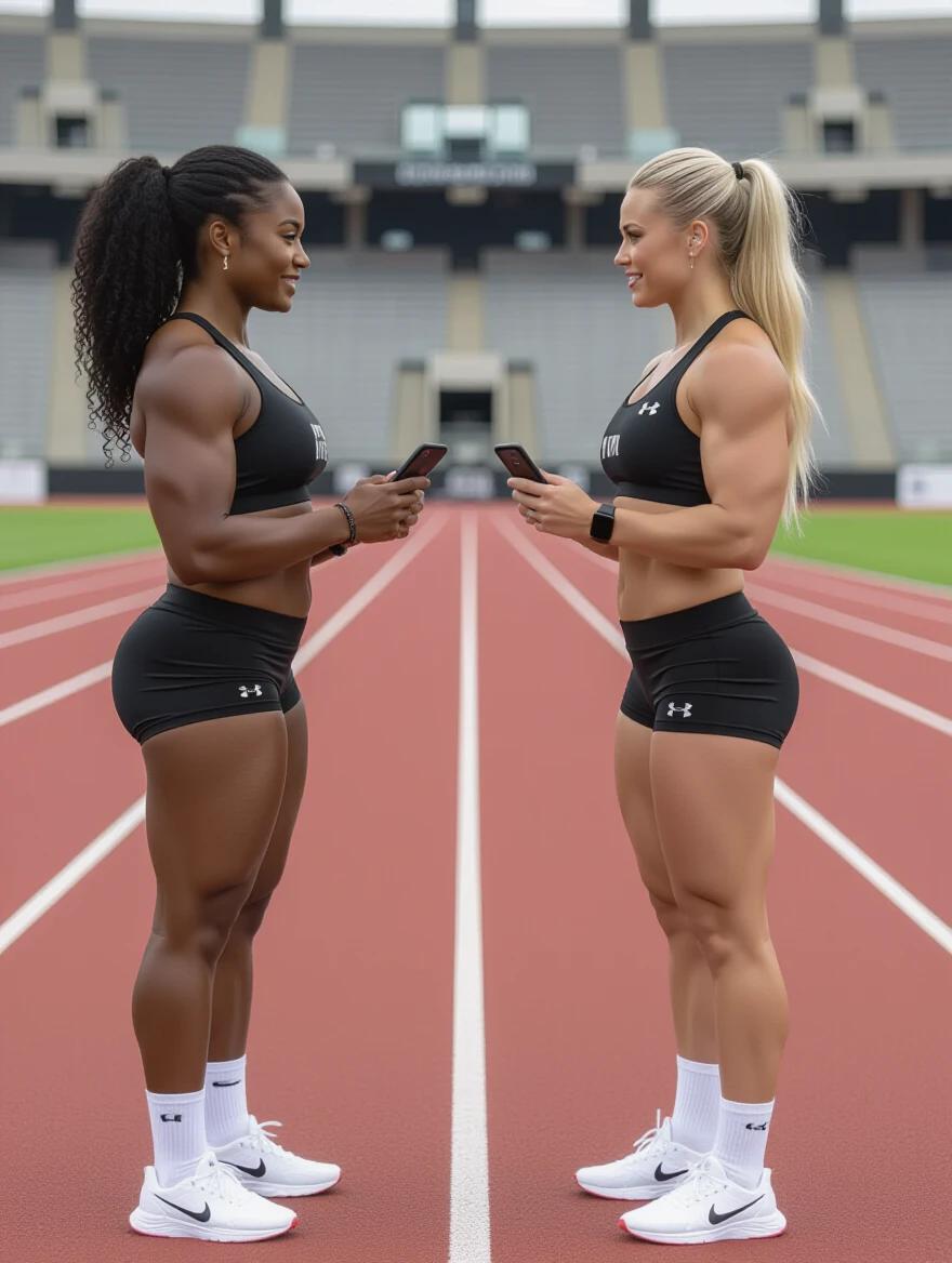 Two muscular women stand face to face on an empty track. One has black curly hair and darker skin; the other has blonde straight hair and lighter skin. They wear matching black Under Armour outfits and are sweaty. Both hold iPhones close to each other. The stadium is empty and set in the morning.