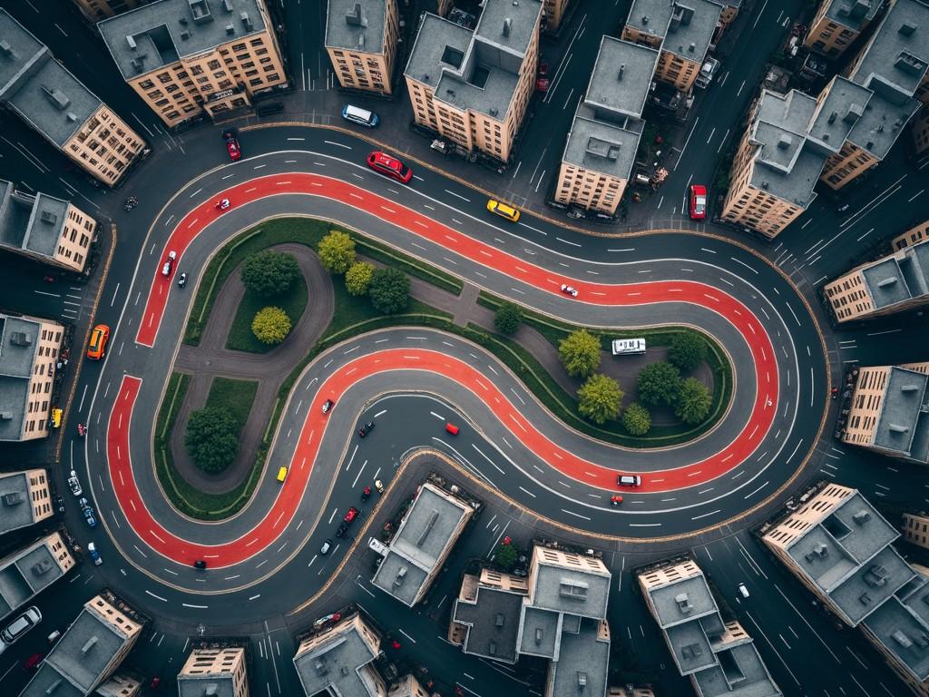 This image showcases a top-down view of a street racing track that is designed to resemble a professional circuit. It is situated amidst the urban landscape of Camden Town in London. The track features an intricate layout with winding roads highlighted in red, while green spaces and trees offer a contrast to the surrounding buildings. The perspective is directly above, emphasizing the unique contours of the road. Nearby vehicles in various colors add dynamism to the scene, making it a vibrant urban setting.