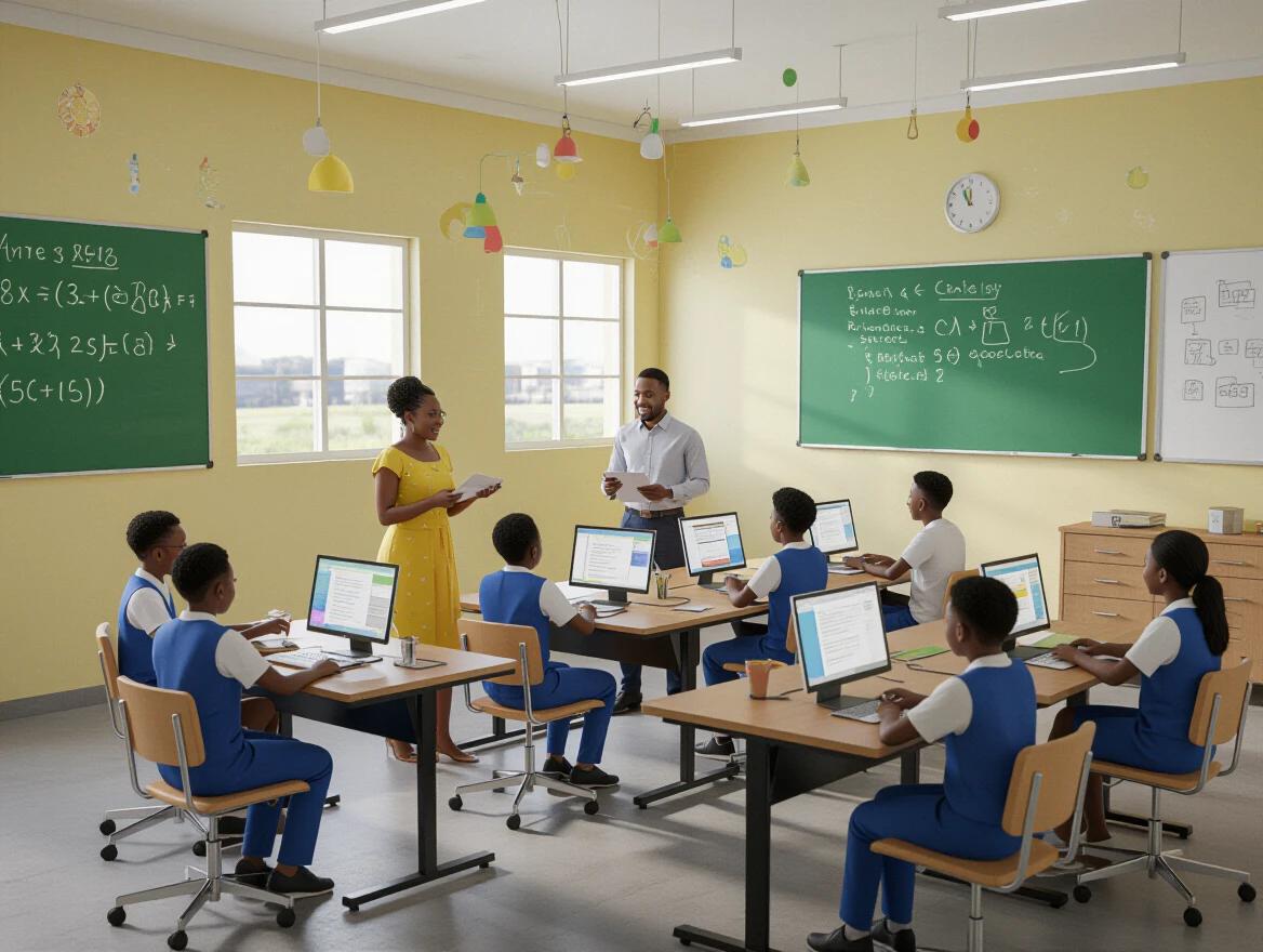A vibrant Nigerian primary school classroom setting filled with students engaging in AI and coding lessons. Teacher interacts with children while they observe computer screens. Modern facilities enhance learning experience. Bright colors and natural light create an inviting atmosphere.