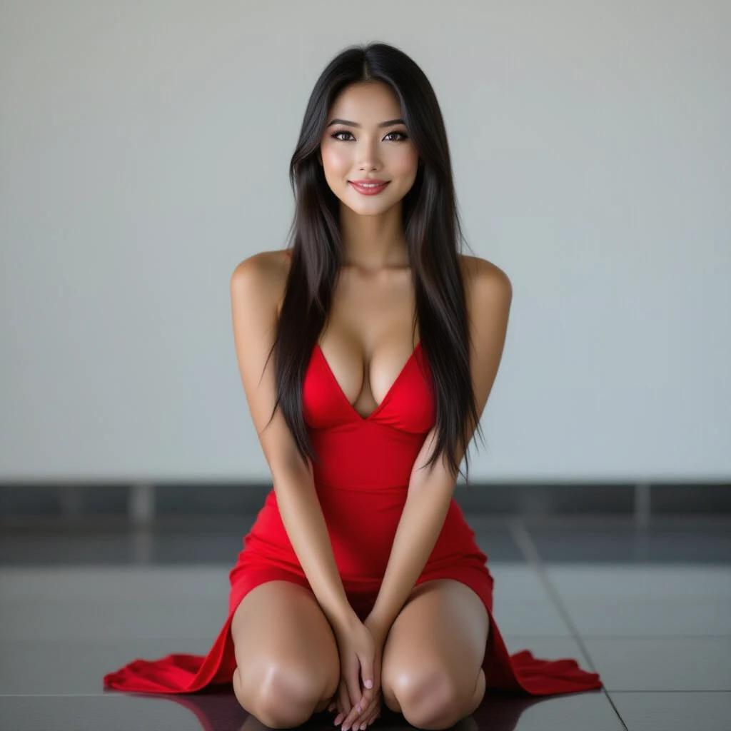 Full-body portrait of a beautiful young woman in a red nightgown. She kneels gracefully on a dark floor. She smiles softly while looking into the camera. Captured in even lighting with a shallow depth of field. Ultra-sharp textures on skin and fabric. 4K RAW photo aesthetic.