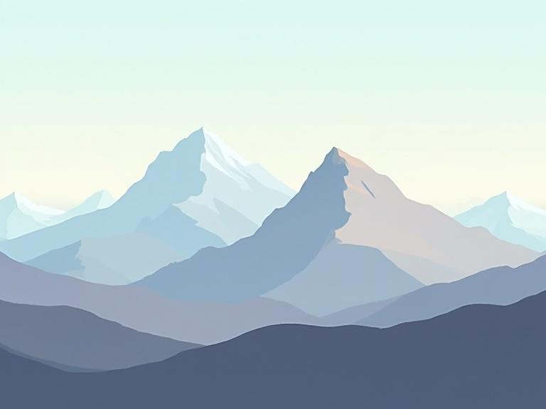 Stylized 2D mountains in flat graphic style featuring clean shapes and lines. Bold colors in a vector art style with smooth silhouettes. Simplistic layered background and minimal details.