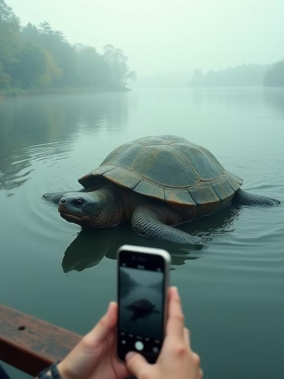 A person leans on a bridge filming a huge turtle in a foggy lake. The turtle is larger than a boat with a textured, wet shell. The phone and hands are partially visible, creating a handheld video feel. Eerie atmosphere with distant trees, realistic daylight, and motion blur.