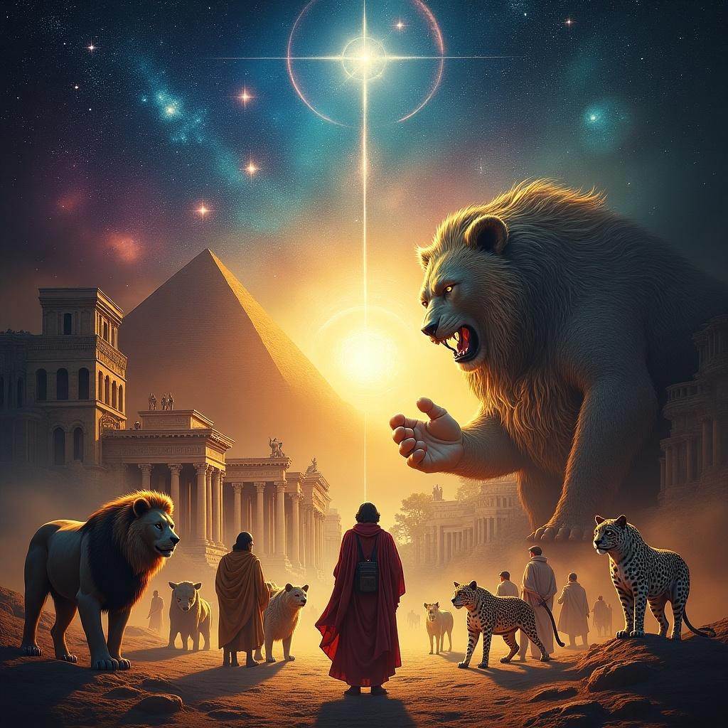 Vision of Prophet Daniel depicting world empires. Giant lion towers over ancient pyramids and structures. Various animals surround figures representing historical context. Bright star-like light in the background.