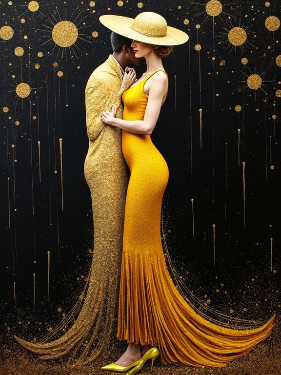 Two elegant women in glamorous golden dresses are closely facing each other. They wear stylish hats and stand against a black background filled with golden sparkles and stars. The overall feel is abstract with a focus on beauty and elegance.