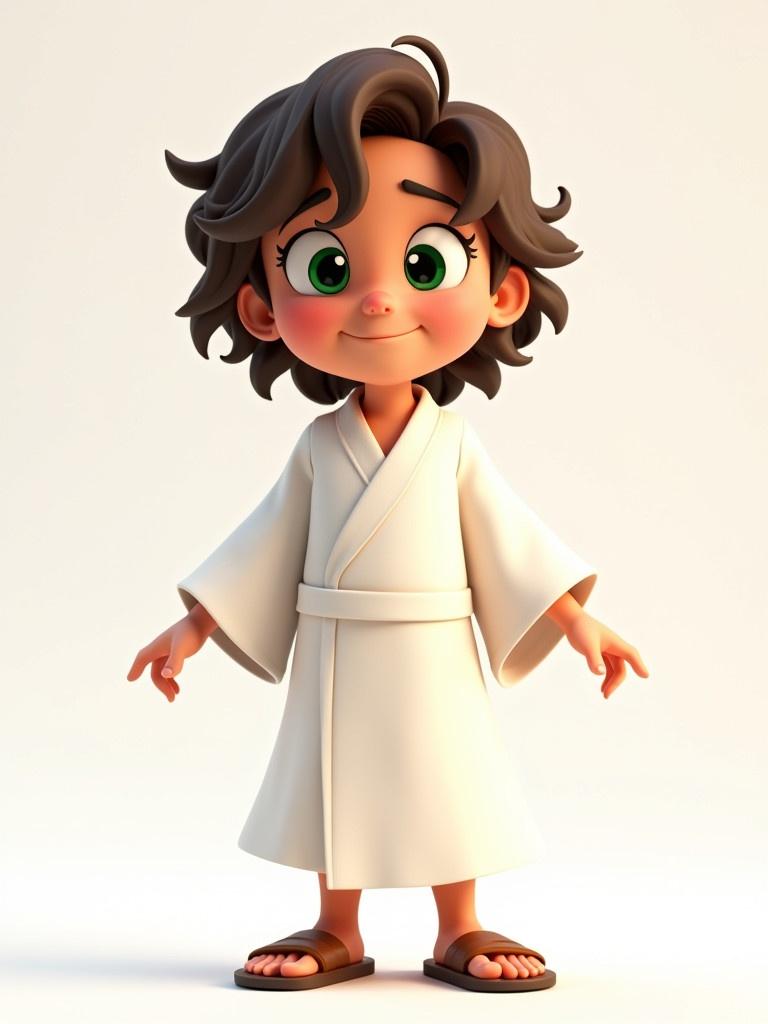 Create a cartoon character of a 10-year-old boy. He has wavy, shoulder-length brown hair. His eyes are bright green. He wears a white robe and sandals. The character expresses joy, sadness, anger, excitement, and curiosity. Each pose shows lively movement. The theme is cheerful and suitable for children's media.