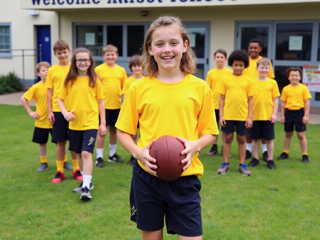 In this image, a group of young individuals are gathered outside, likely at a school or sports event. One person stands prominently in the foreground, wearing a yellow t-shirt and dark shorts, holding a football. Other individuals in the background are dressed in matching yellow attire, possibly indicating a team or school spirit. The setting appears to be grassy, with a building and signage in the background that suggests it is a welcoming environment. The image conveys a sense of camaraderie and youthful energy.