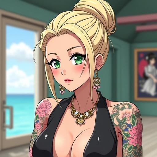 Anime character features a woman with emerald green eyes and beautiful face. Light blonde French bun and light pink diamond jewelry shine in a modern playroom. She stands tall with muscular arms, big breasts, and six-pack abs. White eyeshadow and pink lipstick enhance her look. Colorful traditional tattoos adorn her skin. The setting is luxurious with a futuristic ambiance.