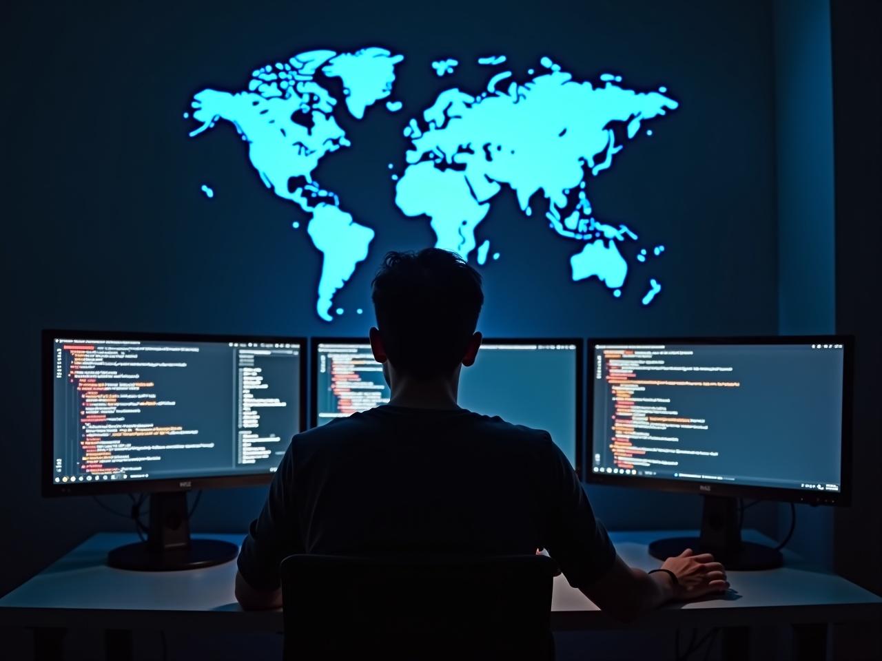 This image features a person deeply focused on coding at a desk with three illuminated monitors. Lines of code are clearly visible, hinting at a complex programming task. A large map of the world is projected on the wall, signifying a global context. The room is softly lit, emphasizing the bright screens and reinforcing a high-tech atmosphere. Notably, one monitor displays a welcome message for a system named 'Código LNX' using Arch Linux. The overall setting suggests a sophisticated work environment in cybersecurity or software development.