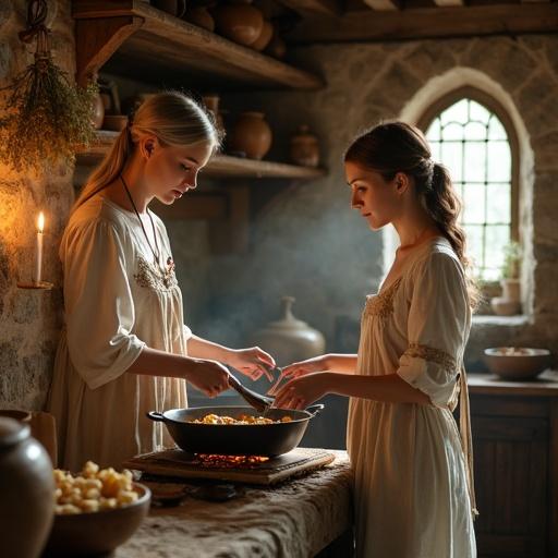 Scene of two women cooking together in a rustic medieval-style kitchen. One woman with long platinum-silver hair and simple linen dress. The other woman with braided chestnut hair and pastel dress. They are using traditional cooking tools over a wood-burning hearth. The kitchen features stone walls, wooden beams, dried herbs, and candlelight.