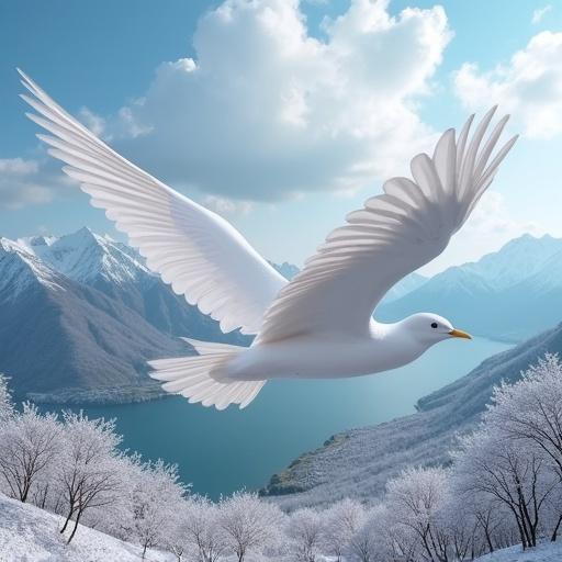 Image of a bird with white wings flying over a snowy landscape. Mountains and a lake are in the background. The scene evokes travel to serene environments like South Korea.