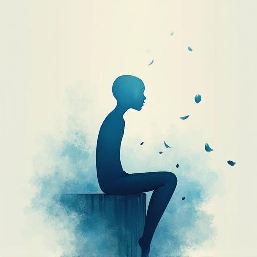 Bald human minimalist figure with one fill blue color body sitting high in the center. Petals falling in a dreamlike minimalist composition. Surrealism and contemporary digital painting with abstract forms. Textured brushwork and emotive visual storytelling.