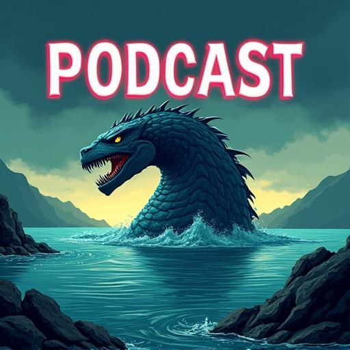 Colorful YouTube thumbnail for a podcast about Loch Ness Monster. Vibrant lake backdrop with mist and a twilight sky displaying purple, blue, and green tones. Cartoonish yet slightly eerie Loch Ness Monster with a subtle smile emerging from the water. Two podcast presenters (man and woman) with microphones showing surprise and excitement. Bold text reads 'PODCAST - Loch Ness Monster.' Dynamic lighting and comic style details enhance the design.