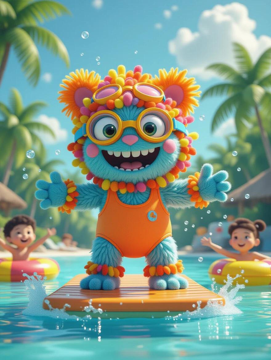 Adorable 3D monster made of fluffy yarn pom poms. Joyful expression. Bright orange swimsuit. Colorful swim goggles. Standing on a diving board. Surrounded by splashing water and kids with inflatables. Vibrant scene. Detailed textures. Dynamic lighting. Inspired by famous animation styles.