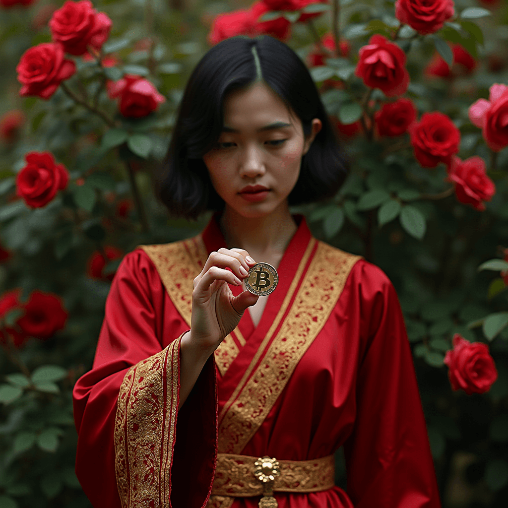 A woman in a red and gold traditional dress holds a Bitcoin amidst lush red roses.