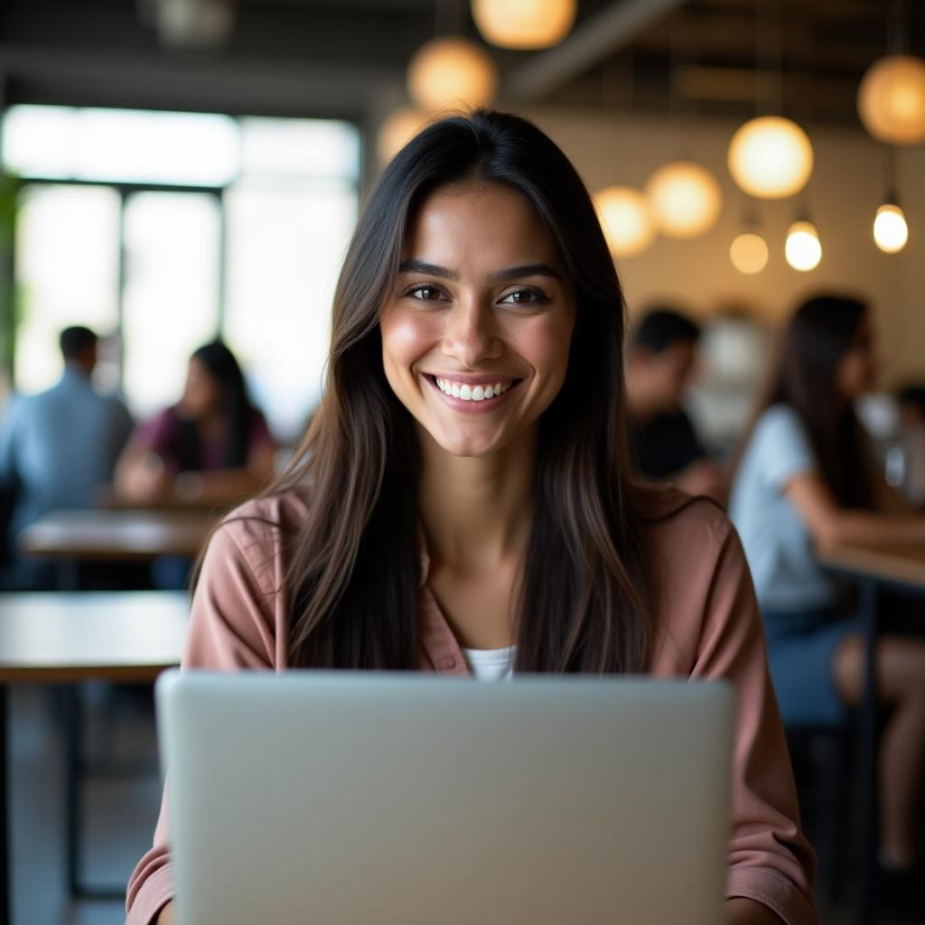 A smiling girl with straight hair working on a laptop in a café setting. The background consists of blurred people and soft lights. She appears confident and engaged.