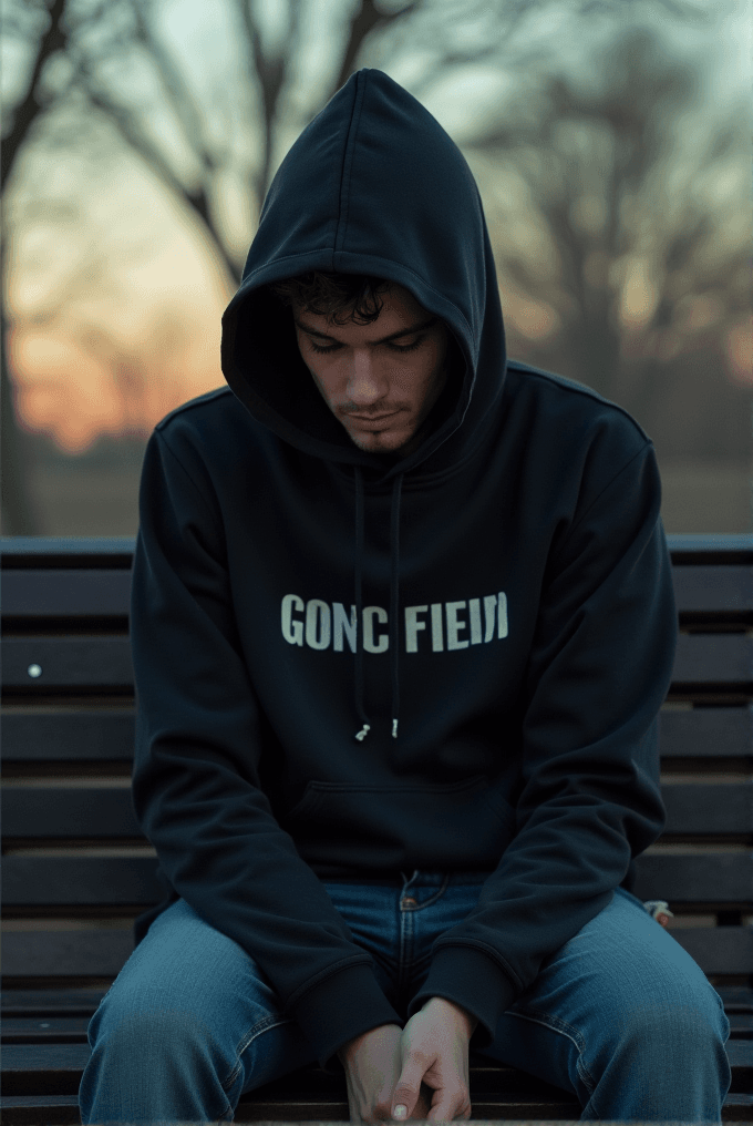 A person in a black hoodie sits pensively on a park bench during twilight.