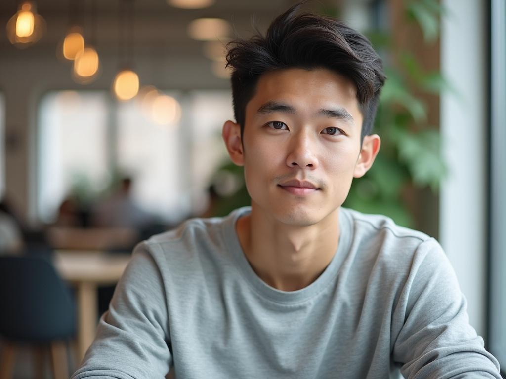 The image shows a young man sitting in a modern office environment. He has a neutral expression and is wearing a light gray shirt with a round neckline. The background is softly blurred, including some light fixtures and furniture that suggest a minimalist decor style. There are hints of soft lighting that add a warm tone to the scene. The color scheme is light and inviting, creating a calm atmosphere.