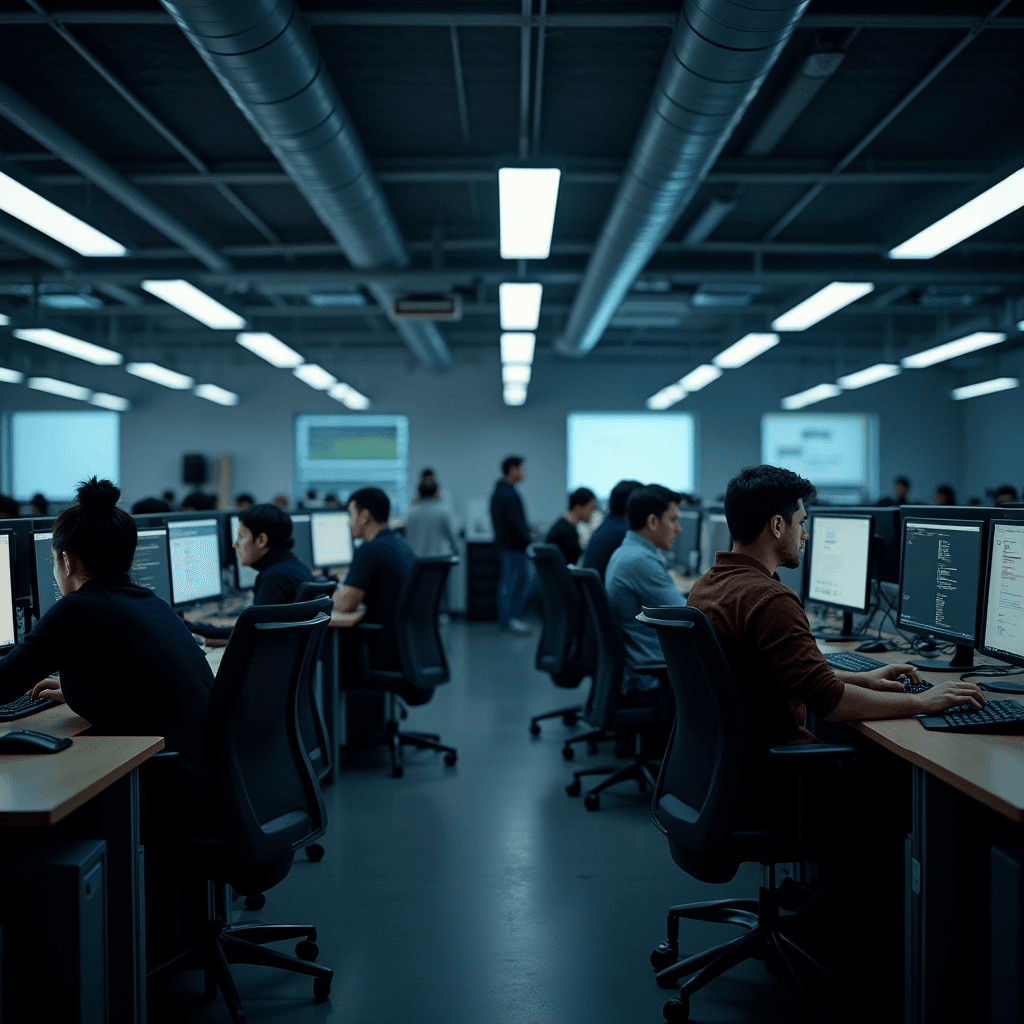 People are working at computers in a large office with several rows of desks.