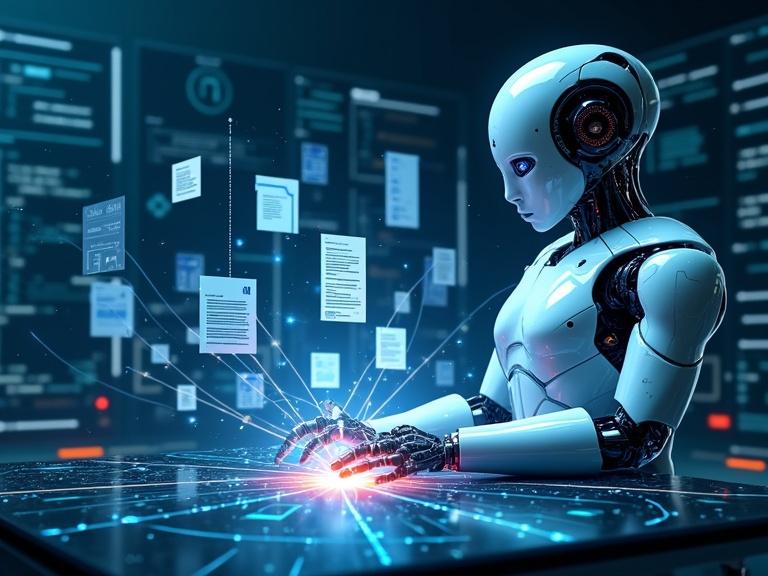 Futuristic AI assistant processing digital documents in a high-tech workspace. Floating files in multiple formats orbit around a glowing AI core. The assistant is analyzing and transforming data into visual dashboards. The background includes floating code and intelligent data flow. Clean tech-oriented color palette in blue, white, and metallic silver.