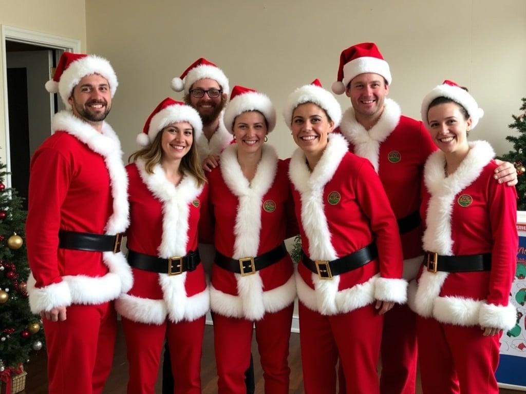 The group is dressed in festive attire, each person wearing an outfit inspired by Santa Claus. They have red and white suits with fluffy trim, complete with belts and Santa hats. The atmosphere is cheerful, with everyone posing happily for a photo. The background is a simple indoor setting, decorated with minimal holiday decorations. Everyone is smiling, conveying a sense of joy and celebration.