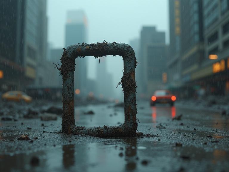 Metal distorted close up photo of a stand in a rain-soaked ruined city. Urban landscape with blurred cars in the background. Mood evokes desolation and decay.