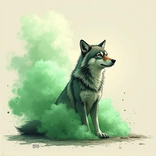 Sketch of a wolf cub sitting on the ground. A cloud of green gas emerges from the cub's rear. The wolf cub appears fluffy and cute. Background is simple and light-colored.