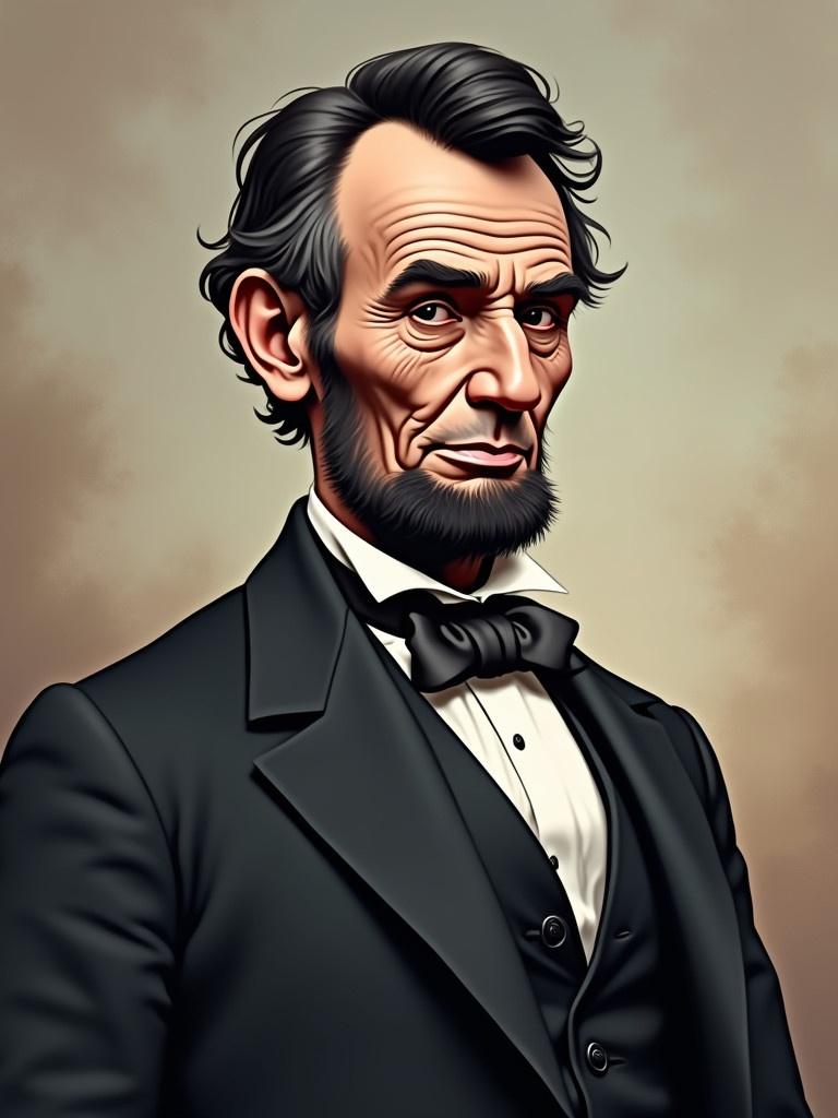 Digital illustration portraying a historical figure. Formal attire with a bow tie and a coat. Background features soft colors.