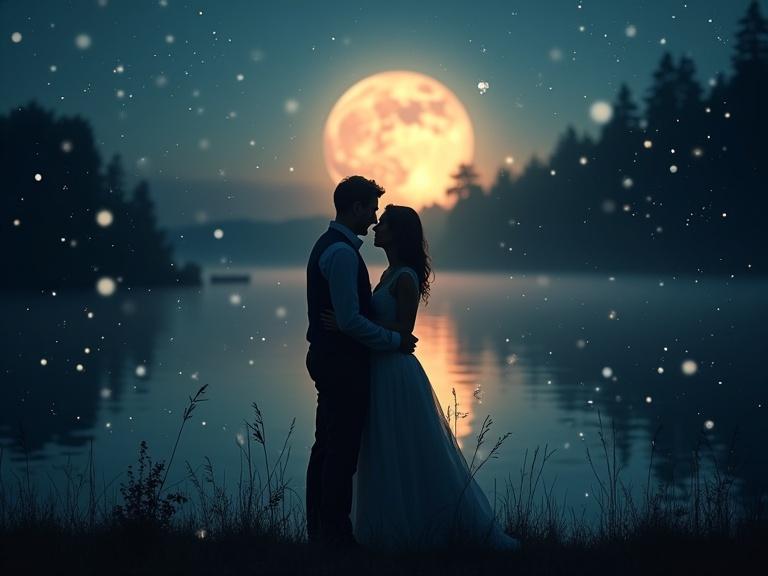Silhouette of a couple embracing by a lake. Full moon in the background. Sparkling magic particles in the air. Dreamy and ethereal atmosphere.