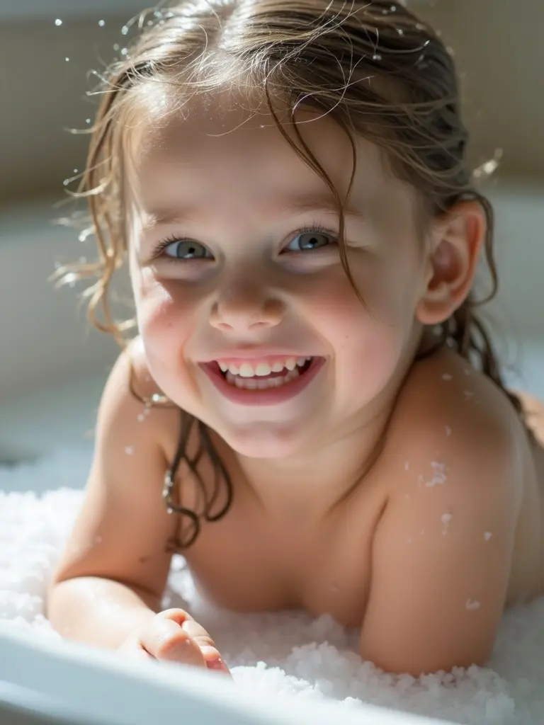 Child lies on back in bathtub. Child has wet hair. Water droplets on skin. Soft natural light creates a serene atmosphere.