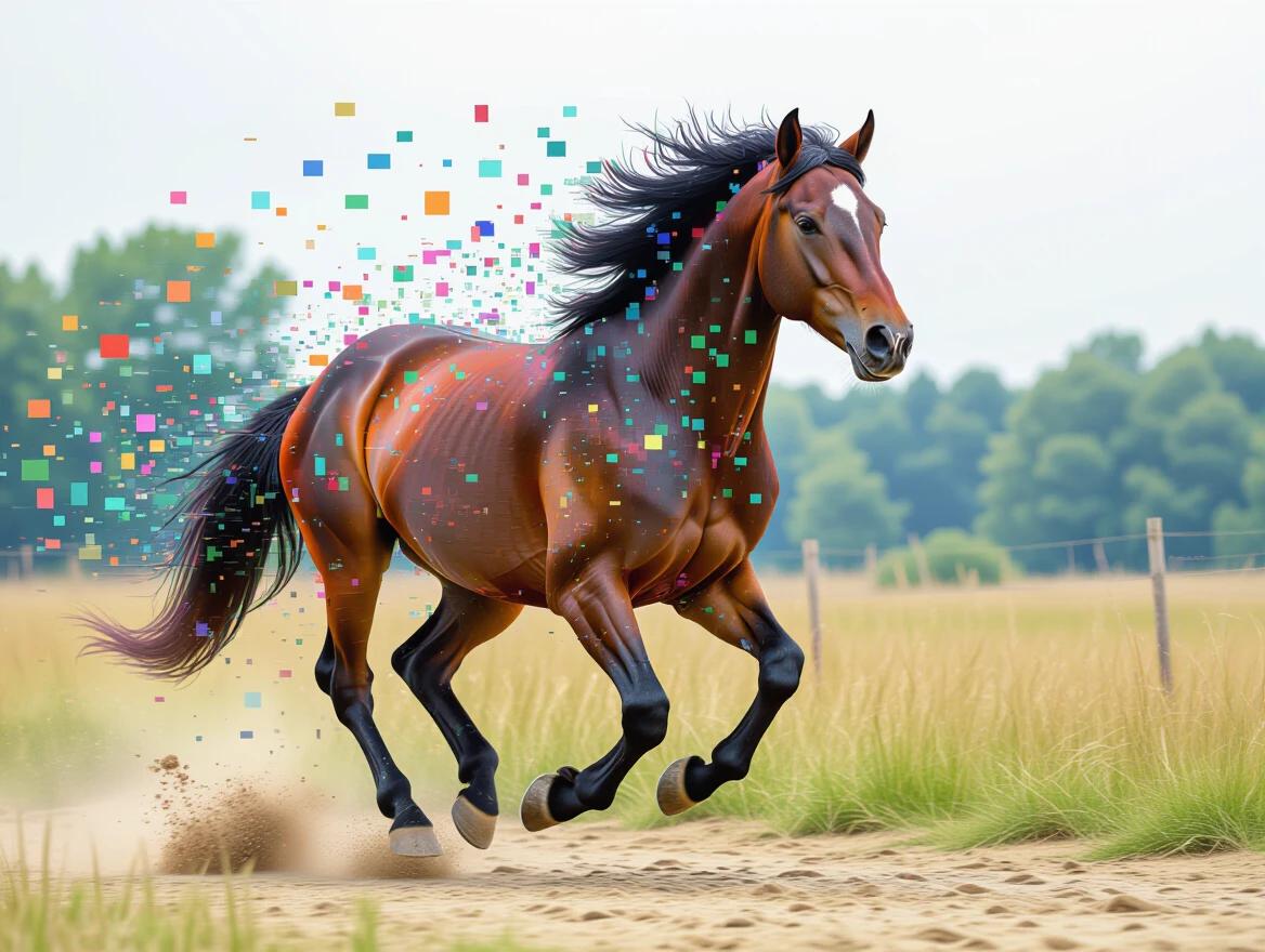 Digital glitch representation of a male horse running. Horse faces camera. Body consists of shifting pixel blocks. Emphasis on data moshing and distorted textures. Surreal and avant-garde composition.