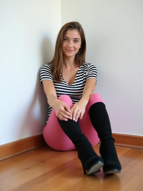 Young woman sitting on wooden floor against white wall. She has fair skin and straight brown hair. Eyes are blue. Wearing black and white striped top with pink leggings and thigh-high black suede boots. Legs are spread apart. Looking at camera with a slight smile. Background is blurred. Soft shadows created by natural lighting. Camera angle is low. Shallow depth of field with sharp focus on woman. Composition follows rule of thirds. High aesthetic quality with good color contrast. Likely shot using DSLR camera.