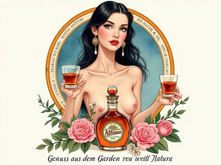 Watercolor illustration of a vintage-style botanical art featuring a topless female figure in her mid-sixties holding two small glasses of amber herbal liqueur. Woman has dark hair and fair skin. Striking facial features with ornate earrings. Background has circular watercolor effect in blue and orange hues. Front features an apothecary-style bottled labeled 'Alfruno' with decorative elements. Pink roses and green foliage surround the bottle. Text at bottom reads 'Genuss aus dem Garten der Natur - wild und besonders'. Symmetrical layout focusing on elegance and luxury.