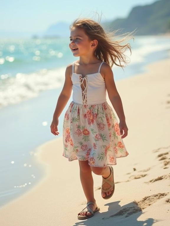 Girl walking on beach. Smiling. Beachwear. Floral dress. Sandals. Bright day.