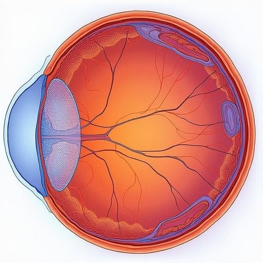 Highly detailed cross-sectional illustration of a human retina. Stained with H&E for histology. Clear display of retinal layers from internal limiting membrane to Bruch's membrane. Realistic cellular morphology with stained nuclei. Blood vessels in inner layers. Clear demarcation between layers. Slight curvature of retina. Scale bar indicating 400x magnification. Labels for educational value. Region showing optic disc and macula.