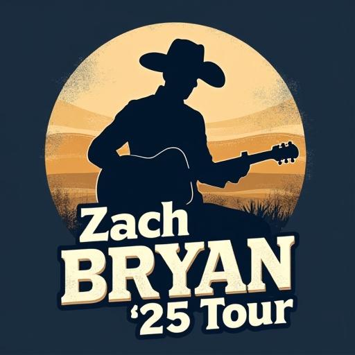 Minimalist pop culture t-shirt design featuring a retro silhouette of a cowboy hat and guitar in beige and mustard tones. Inspired by country music vibes. Text on the design reads 'Zach Bryan ‘25 Tour' in a distressed, 80s-style font. The design is small and centered with a vintage texture. Suitable for navy blue unisex t-shirt printing. High-resolution, vector-style, optimized for Merch by Amazon.