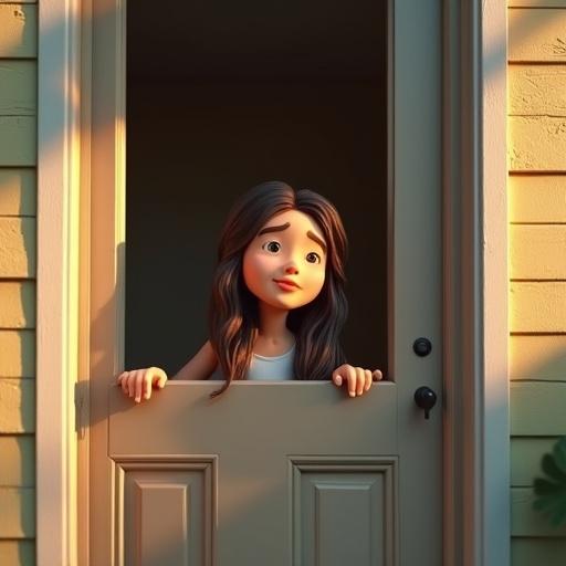 A young woman peeks out through the window next to a front door of a house. The style is claymation and it captures a friendly expression.