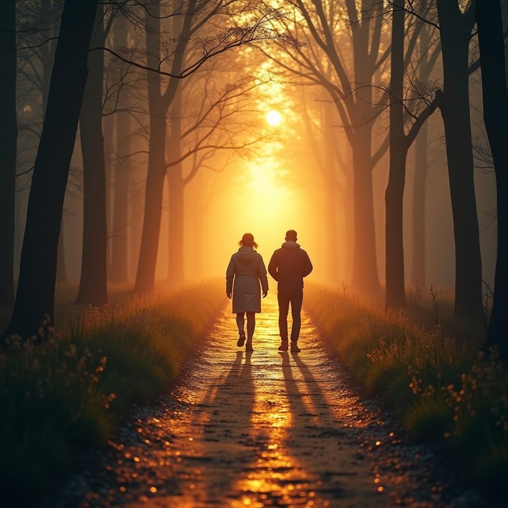 The image showcases two people walking down a peaceful path through a forest, illuminated by the warm light of a sunset. The golden rays create a serene atmosphere as they approach the light at the end of the path. Tall trees line either side of the trail, their silhouettes adding depth to the scene. The smooth ground reflects the warm colors, enhancing the tranquil setting. This moment evokes feelings of connection and adventure, inviting viewers to imagine their own journey.