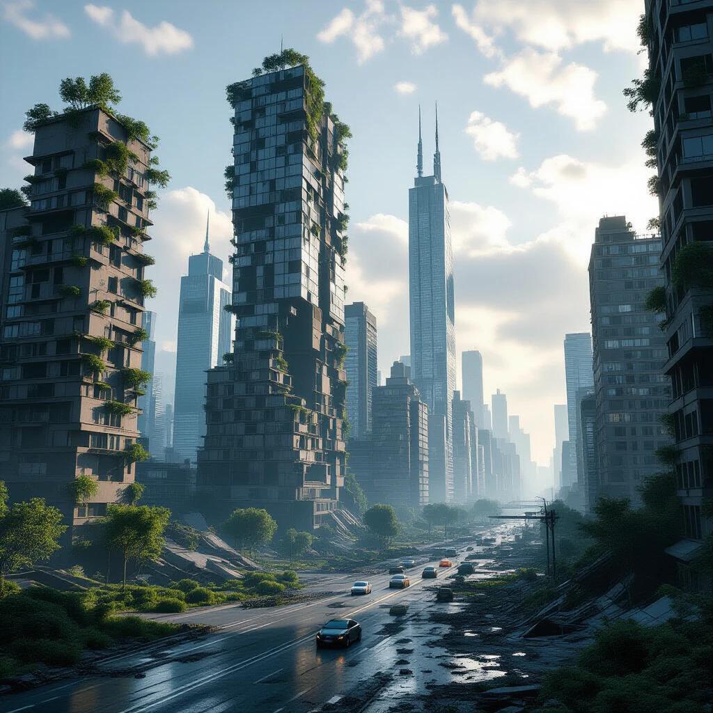 Futuristic city in ruins where nature reclaims buildings and streets. Skyscrapers overgrown with plants. A road in disrepair. Hyper-realistic details and dramatic lighting. Large scale environment with wild vegetation.