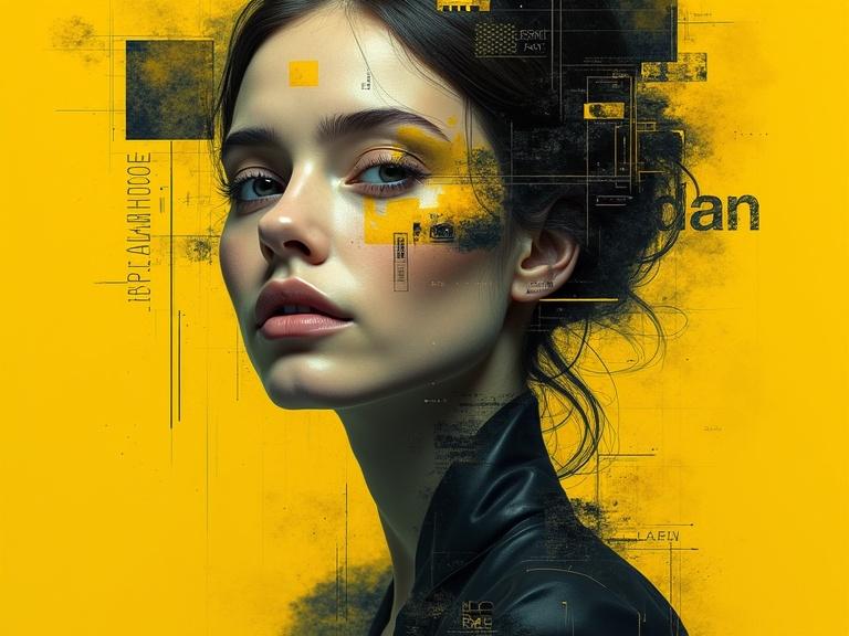 An abstract digital artwork featuring a woman’s face layered with geometric and linear designs. The artwork has a surreal aesthetic combining realistic portraiture with abstract elements.
