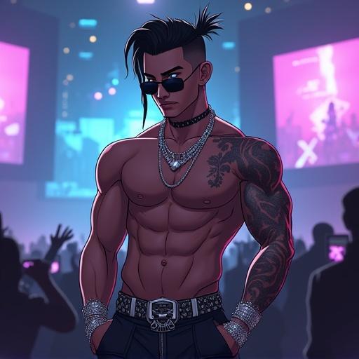 Anime character at a futuristic concert. Male rapper with spiky ponytail. Wearing sunglasses and hip hop jewelry. Rapping with others. Modern luxurious stage. Nighttime atmosphere.