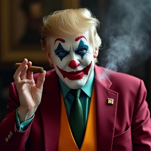 A character resembling a clown with exaggerated makeup and a cigar. Dressed in a vibrant suit. Soft lighting creates a dramatic atmosphere. They hold the cigar with a playful demeanor.