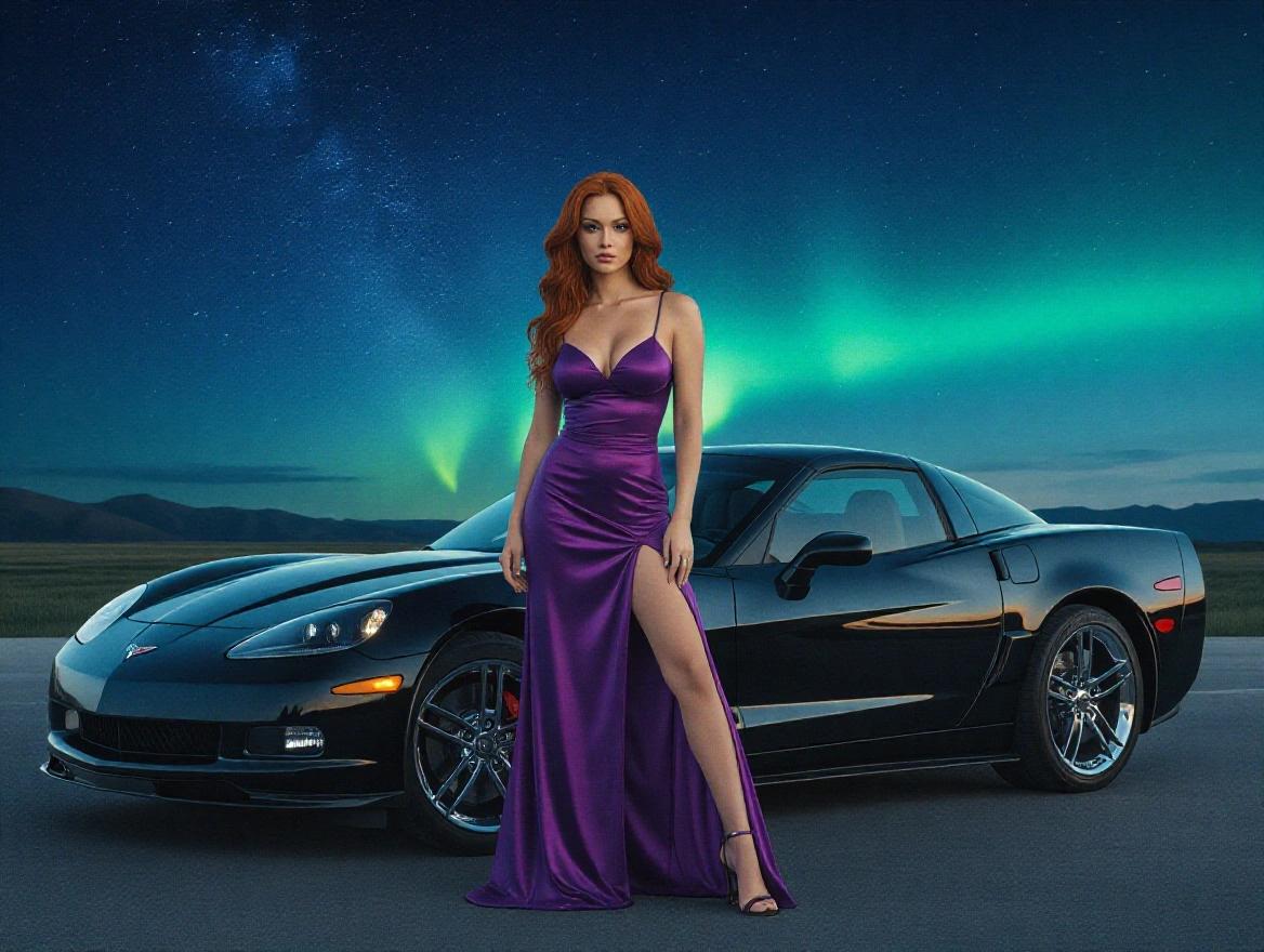 Beautiful curvy redhead woman in purple leather short dress standing in front of a Black 2002 Corvette Z06 at night with stars and aurora.
