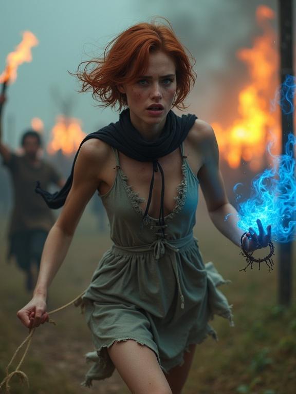 Photorealistic image of a pretty young woman with short chopped auburn hair. She has smooth pale skin, freckles and pale blue eyes. An expression of fear is on her face and her cheeks are bruised. Torn ropes trail from her wrists and she wears a tattered dress. A small torn black scarf hangs around her neck. She runs from a burning gallows platform, emitting a blue magical flame from her hands. Rioters chase her in the background carrying torches and pitchforks.