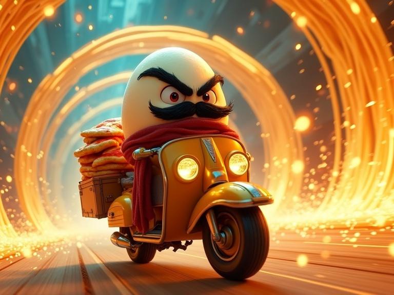 Angry egg rides a futuristic hover-vespa through a glowing wormhole made of spaghetti. Egg has thick black mustache and bushy eyebrows. Pile of glowing pizzas on luggage box. Red neckerchief adds Italian flair. Motion blur emphasizes speed. Psychedelic colors and space effects create adventure atmosphere.