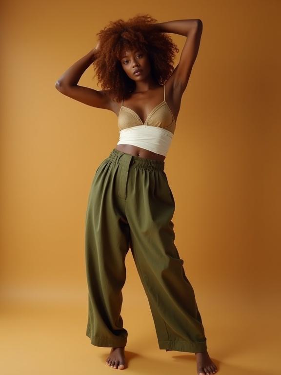 Portrait of a Black woman in minimalist fashion. Featuring oversized olive green trousers and a gold mesh bandeau top. Model poses barefoot in a warm-toned studio. Voluminous auburn curly hair adds to the look. Soft lighting enhances her features. Shot captures strength and delicacy.