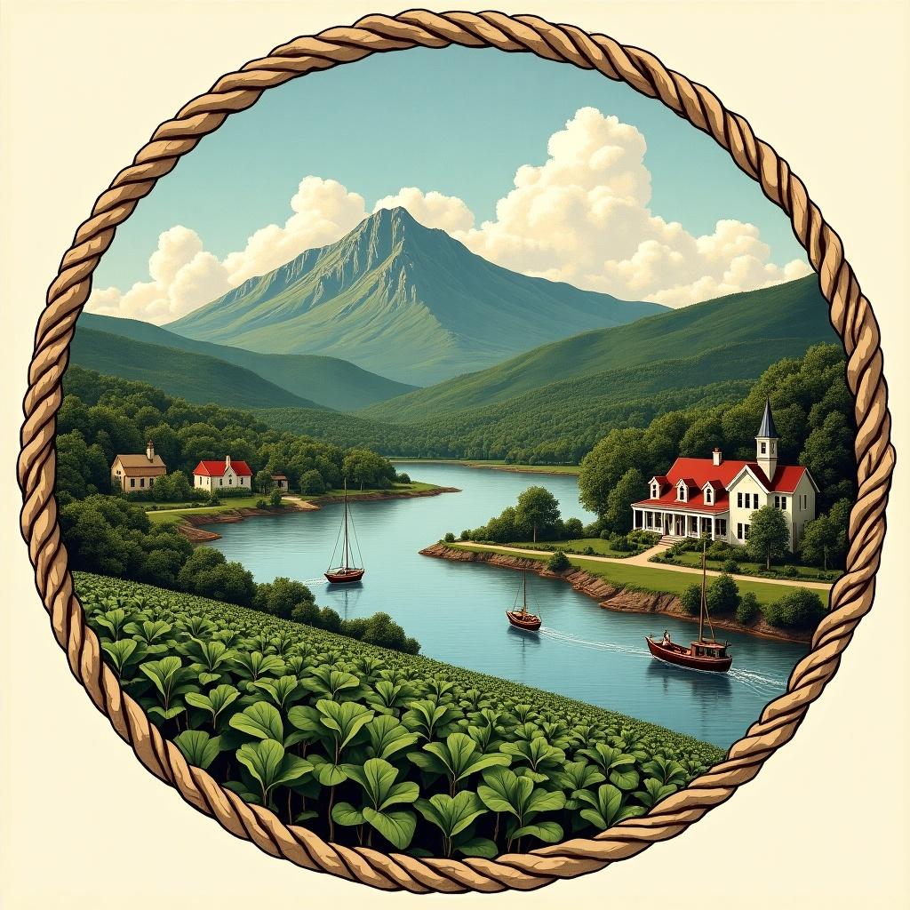 Overcrowded depiction of a fictional US state seal. Features tobacco fields, a mountain, a lake with boats, and a small old-fashioned town.