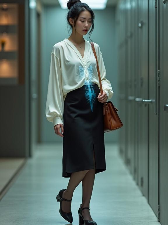 Full-body view of a mid-20s East Asian female in a unique elegant outfit. Features pearl-white wrap-around blouse and black knee-length skirt. Internal cyborg components visible through an artistic X-ray effect. Black sheer pantyhose and low-block heels complement her sophisticated look. Brown satchel slung over shoulder in a stylish agency setting.