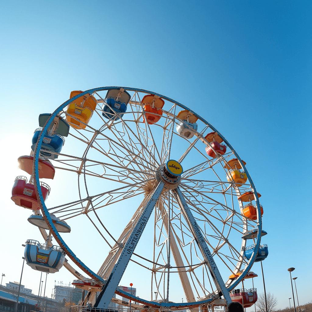 A colorful Ferris wheel stands tall against a bright blue sky.