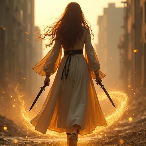 A cinematic animation shows a woman walking through a ruined urban area. She has long wavy chestnut hair and holds two black swords. A golden mist rises at her feet while glowing threads swirl around her. Sparks fall from the sky. The camera tracks her from a low angle, highlighting her determined expression and realistic details.