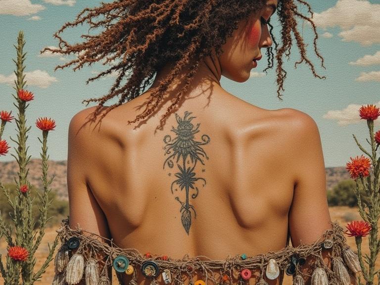 Mixed media artwork displaying a naked woman with a back tattoo. Surrounding elements include dried flowers, buttons, shells, and vibrant threads in a primitive desert landscape. The artwork features fauvist expressionism and earthy oil tones.